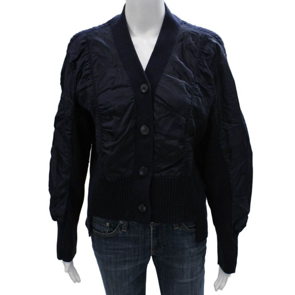Zara Womens Blue Herringbone V-Neck Cotton Cardigan Sweater Long Sleeve Size S